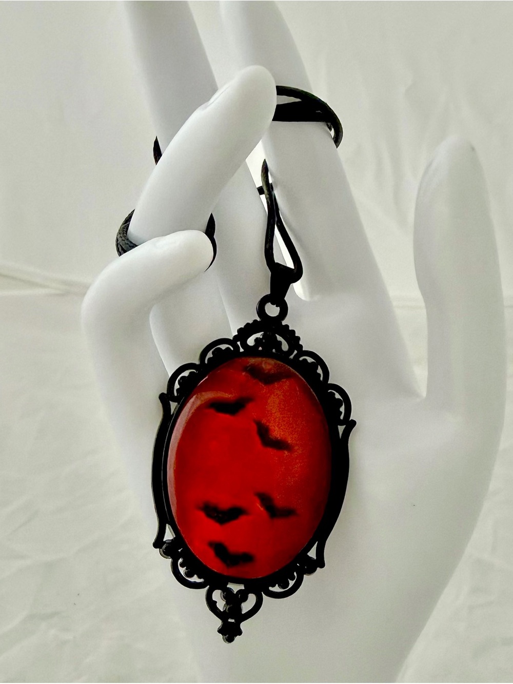 Gothic Vampire Bat Cameo Necklace – Vintage Victorian Style Red Cabochon Pendant